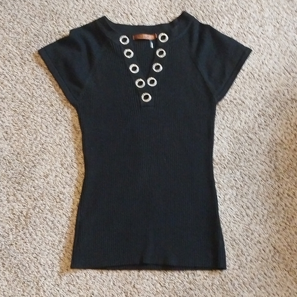 Belldini Stretch Knit Eyelet Bling Rhinstone Y2k 90s Top 2000s Vintage Punk - Picture 2 of 9